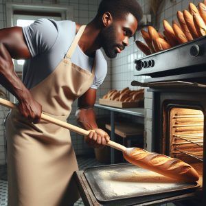 Hombre sacando pan del horno.